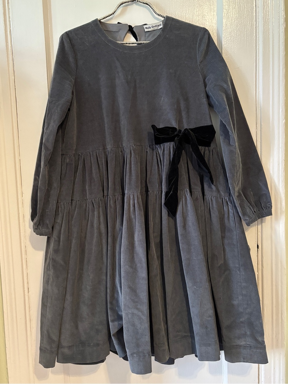 MOLLY GODDARD Grey Corduroy Tiered Dress with Black Velvet Bow